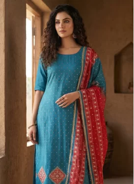 Rayon Straight Suit with Cutdana Work in Light Blue