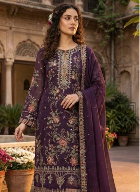 Embroidered Work Chiffon Straight Suit in Wine for Ceremonial