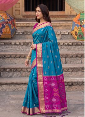Fuchsia and Light Blue Silk Blend Trendy Saree with Woven Work for Ceremonial