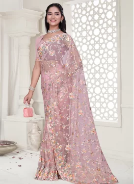 Net Traditional Saree with Embroidered Work for Women in Pink