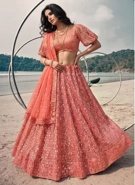 Net Designer Lehenga Choli with Embroidered Work for Festival in Salmon