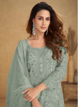 Net Palazzo Suit with Embroidered Work in Aqua Blue