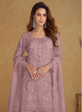 Net Palazzo Suit with Embroidered Work in Mauve for Festival