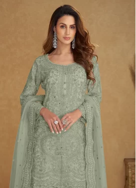 Embroidered Work Net Palazzo Suit in Sea Green for Women
