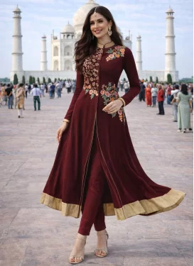 Georgette Readymade Salwar Suit with Embroidered Work for Women in Maroon