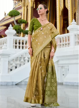 Woven Work Tissue Trendy Saree in Gold and Green for Ceremonial