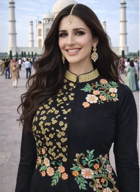 Georgette Readymade Salwar Suit with Embroidered Work for Festival in Black