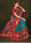 Red and Teal Digital Print Work Designer Contemporary Style Saree - 2