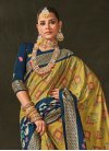 Silk Blend Mustard and Navy Blue Designer Contemporary Saree For Casual - 1