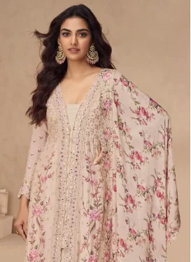Beige Chinon Palazzo Suit with Embroidered Work for Festival