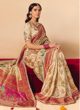 Dola Silk Trendy Saree with Embroidered Work in Cream