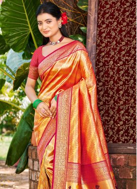 Kanjivaram Silk Traditional Saree in Orange and Rose Pink with Woven Work for Women