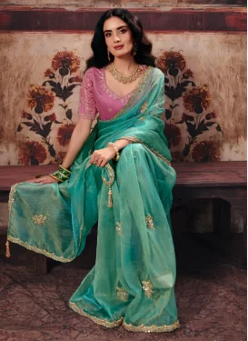 Beads Work Organza Trendy Saree in Aqua Blue for Women