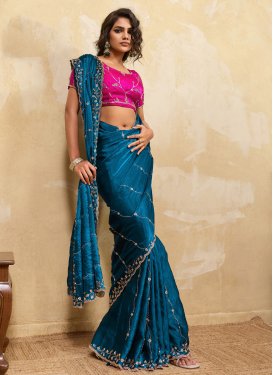Satin Silk Trendy Saree with Cutdana Work in Teal