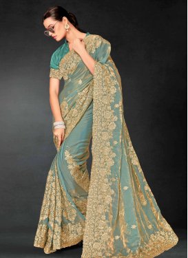 Organza Trendy Saree in Sea Green with Embroidered Work for Women