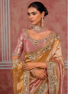 Silk Trendy Saree with Beads Work for Bridal in Peach and Salmon