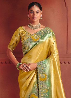 Embroidered Work Silk Traditional Saree in Green and Mustard for Women
