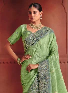 Jacquard Silk Traditional Saree with Embroidered Work for Bridal in Mint Green