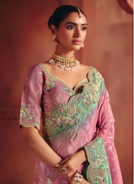 Jacquard Silk Trendy Saree in Pink and Sea Green with Embroidered Work for Women