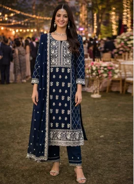 Navy Blue Georgette Embroidered Work Readymade Salwar Suit for Women