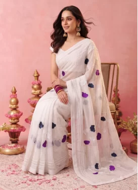 Embroidered Work Georgette Trendy Saree in Off White for Women