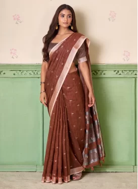 Rust Linen Woven Work Classic Saree for Women