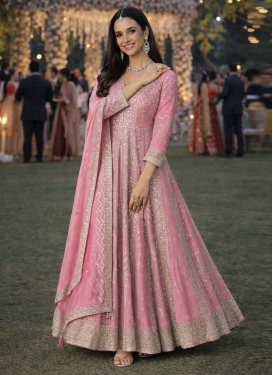Embroidered Work Chinon Designer Gown in Pink for Women