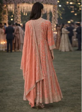 Embroidered Work Chinon Designer Gown in Peach for Festival