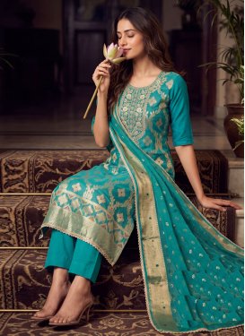 Cotton Silk Straight Suit with Beads Work for Festival in Light Blue