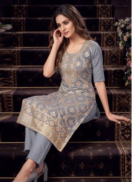 Beads Work Cotton Silk Straight Suit in Grey for Ceremonial