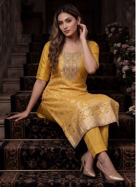 Beads Work Straight Suit For Festival in Mustard