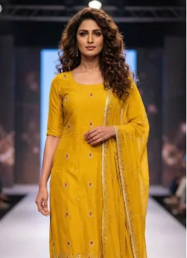 Mustard Cotton Silk Straight Suit with Cutdana Work for Ceremonial