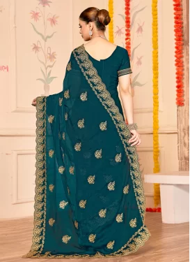 Fancy Fabric Classic Saree with Embroidered Work in Teal for Party
