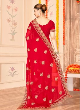 Fancy Fabric Classic Saree in Red with Embroidered Work for Festival