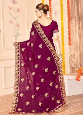 Embroidered Work Fancy Fabric Trendy Saree in Wine for Festival