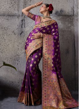 Satin Silk Traditional Saree with Woven Work in Purple