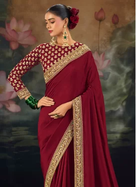 Silk Classic Saree in Maroon with Embroidered Work for Ceremonial