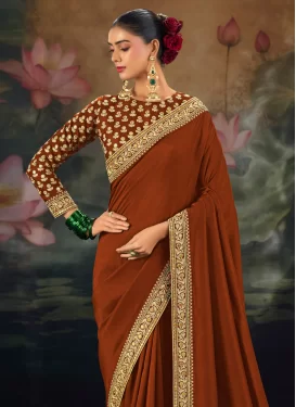 Embroidered Work Silk Classic Saree in Orange for Women