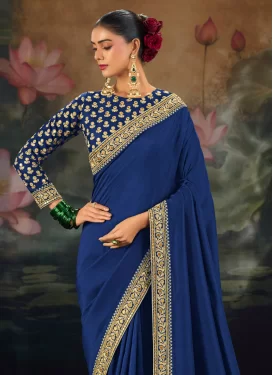Silk Classic Saree in Blue with Embroidered Work for Women