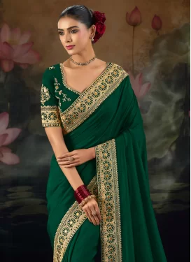 Booti Work Silk Traditional Saree in Green for Women