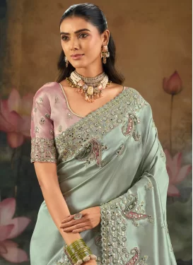 Silk Trendy Saree with Embroidered Work in Aqua Blue