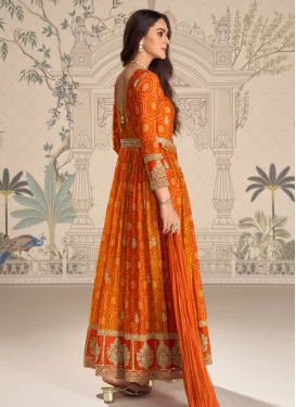 Chinon Bandhani Print Work Readymade Salwar Suit in Orange