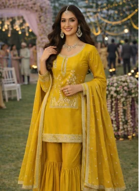 Embroidered Work Silk Sharara Suit in Mustard for Women