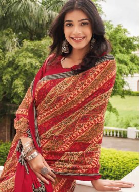 Crepe Silk Traditional Saree with Digital Print Work in Red for Casual