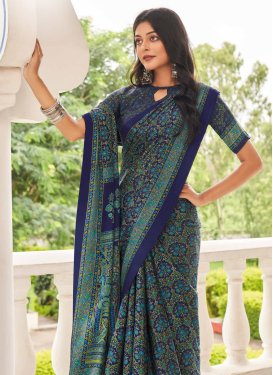 Crepe Silk Traditional Saree in Navy Blue with Digital Print Work for Casual