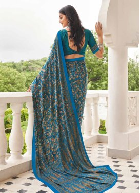 Crepe Silk Digital Print Work Trendy Saree in Teal