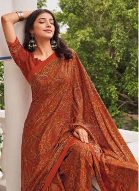 Digital Print Work Crepe Silk Traditional Saree in Rust for Women