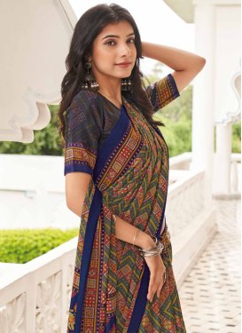 Crepe Silk Trendy Saree with Digital Print Work in Green and Navy Blue for Casual