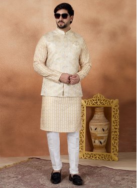 Beige and White Art Silk Digital Print Work Kurta Pajama With Jacket for Men