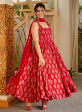 Digital Print Work Maslin Anarkali Suit in Red for Festival